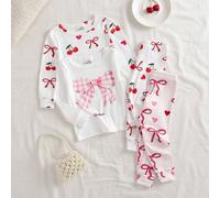 4 pièces Bébé fille Simple mode Blanc Rose Nœud Cœur Cerise Manches longues Pantalon long Ajusté Vêtements de maison, Tricot Confortable Doux Mignon Doux Polyvalent Mode, Meilleur choix pour les vêtem
