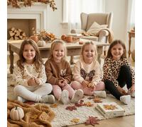 4 pièces Blanc crème, beige crème, biscuit crème, couleur moka Nœud léopard vintage, motif cœur à pois mini Saison cosy, ambiance de Noël Tenues confortables et décontractées pour bébé fille avec swea