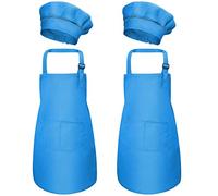 4 Pièces Bleu Tablier Enfant et Chapeau de Chef Set, Bambin Tabliers avec Poches pour Garçons Filles, Tablier de Cuisine Jardin, Tabliers de Chef Cuisson Pour Peinture L'artisanat (M pour 3-6 Ans)