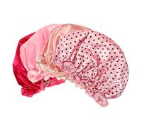 4 Pièces Bonnet de Double Couche Imperméable, Pliable, Élastique | PEVA et Satin, Lot de Quatre Motifs Rose, pour Voyage et Nettoyage du Visage
