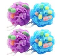 4 Pièces Boules de Bain en Éponge Cœur, Pe, Lot pour Bain | Maille Aérée, Produit des Bulles, Format Compact, Usage Garçon et Filles et Adulte, Assortiment Coloré Couleur Aléatoire