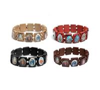 4 Pièces Bracelet en Bois Icône Religieuse/Jésus/Saints avec Chapelet Extensible en Bois avec Petites Plaques avec Images de Saint Jésus Religieux Cadeau pour Hommes et Femmes, Grand