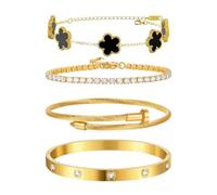 4 Pièces Bracelet Trèfle Femme 18K Plaqué Or Réglable Bracelets en Acier Inoxydable Trèfle à Quatre Feuilles Tennis Bracelet Set avec Zirconia Empilable Chanceux Bijoux pour Femme Filles (Noir)
