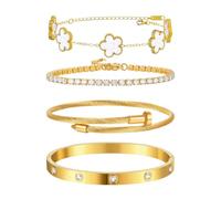 4 Pièces Bracelet Trèfle Femme 18K Plaqué Or Réglable Bracelets en Acier Inoxydable Trèfle à Quatre Feuilles Tennis Bracelet Set avec Zirconia Empilable Chanceux Bijoux pour Femme Filles (Blanc)