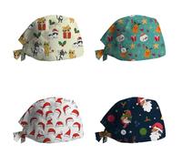 4 Pièces Calot Chirurgien Femme avec Bouton Bandeau Réglable Casquettes De Travail Turban en Coton Bonnet Imprimé De Noël Chapeaux Unisexes