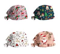 4 Pièces Calot Chirurgien Femme avec Bouton Bandeau Réglable Casquettes De Travail Turban en Coton Bonnet Imprimé De Noël Chapeaux Unisexes