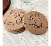 4 pièces Charmants sous-verres en liège gravés avec chat et vin - Dessous de verre ronds rustiques pour tasses, verres, café et thé - Cadeau idéal pour les amateurs de chats et de vin - Parfait pour l