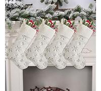 4 Pièces Chaussette de Noël Peluche, Chaussettes de Noel a Suspendre, Cheminee Decorative, Chaussette Noel Broderie, Sacs Bonbons Grandes Sac Cadeau, Décorations Noël Arbre Cadeaux (B, Argent)