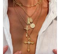 4 pièces Collier pendentif multicouche en métal géométrique rond vintage, ensemble de bijoux collier pendentif croix de Jésus style punk pour femmes, convient pour le port quotidien et de rue des femm