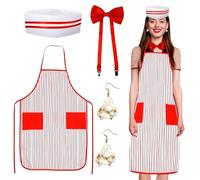 4 Pièces Costume Serveur des Années 1950,Costume de Serveuse,Tablier Rayé Rouge et Blanc,Cravates Réglables Nœud Rouge,Chapeau chef,Boucles d'oreilles Pop-corn,pour Cosplay, Carnaval,Fête d'Halloween