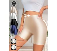 4 pièces Culottes hanche haute pour femmes, contrôle du ventre & levage des fesses, design minimaliste de couleur unie, tissu confortable, doux pour la peau & respirant, texture lisse, anti-exposition