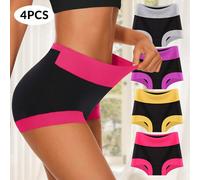 4 pièces Culottes pour femmes, blocs de couleurs mode taille haute contrôle du ventre ajustement boxer brief L,M,S,XL,XXLRayéTissu tricoté