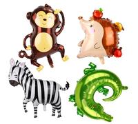 4 Pièces de Ballon Animaux Jungle Safari, 4 Motifs de Grands Ballons de la Faune Zèbre Hérisson Crocodile Singe Ballons en Aluminium pour Décorations d'Anniversaire de Safari