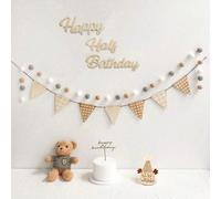 4 pièces de décoration d'anniversaire de 6 mois en tissu non tissé, comprenant des banderoles de célébration beige simple pré-enfilées et des couronnes, sans DIY requis, fournitures de fête Taille Uni