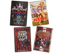 4 pièces de pancartes de service Pin Up Hot Rod Garage en étain - Affiche murale en métal Route 666 (D)