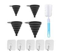 4 Pièces De Vidange D'Huile Pliable, 1 Brosse De Nettoyage À Poignée Bleue, 5 Crochets Adhésifs Transparents, Entonnoir Télescopique, Entonnoir De Cuisine En Silicone