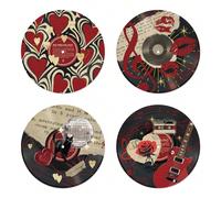 4 pièces Décoration murale vintage de disque musical, véritables disques vinyles noirs PVC avec des éléments de cœur rouge, lèvres de chat, boule à facettes, guitare, rose et cassette, convient pour u