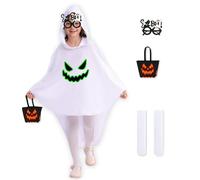 4 Pièces Deguisement Halloween Enfant Fantome Costume avec Capuchon, Cape de Fantôme Fantasmagories pour Enfant, avec sac Citrouille, Lunettes, Chaussettes Hautes, Carnaval Cosplay Party 3-15 ans
