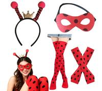4 pièces Deguisement Ladybug Coccinelle, Deguisement Ladybug, fête déguisée carnaval rouge noir avec serre-tête gants sans doigts chaussettes longues masque confortable réglable cosplay anniversaire