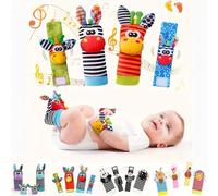 4 pièces Délicieux ensemble de hochets pour poignets et trouveurs de pieds pour bébés - Parfait pour les bébés - Stimule l'apprentissage et l'amusement de la dentition ! (Avec bouton-pression et grelo