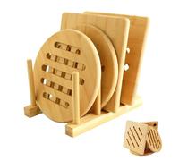 4 Pièces Dessous Plat Bois Chaleur Résistants, Tapis Dessous Plats Bambou Naturel avec 1 Support Rangement, sous-Plats Lavables Ronds et Carrés Antidérapant pour Assiettes, Casseroles, Bols, Théières
