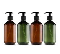 4 Pièces Distributeur de Savon 300 ML, Flacons Vides à Pompe à Pression Vide en Plastique, Rechargeable pour Huiles Essentielles, Lotions, Shampooing, Après-shampoing (Marron Vert)