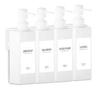 4 Pièces Distributeur de Savon Mural, 500ml Blanc Distributeur Savon Douche sans Percage avec Entonnoir et Étiquettes Tridimensionnelles Étanches pour la Salle de Bain, la Cuisine