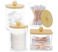4 Pièces Distributeur Et Boîte Rangement Coton-Tige En Acrylique Avec Couvercle Bambou Transparent Pour Boules De Coton Tampons Cosmétiques Salle De Bain Chambre Maquillage