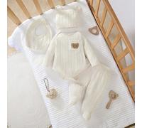 4 pièces Ensemble barboteuse, pantalon, chapeau et bavoir pour nouveau-né, style mignon en tricot jacquard, tenue d'intérieur 6-9M,0-1M,1-3M,3-6MUnicoloreÉtoffe
