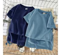 4 pièces Ensemble bébé garçon : Top à encolure ras du cou à épaules tombantes de couleur unie et short décontracté, pour bébé fille 6-9M,9-12M,12-18M,18-24M,2-3YUnicoloreÉtoffe,Tissu tricoté