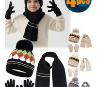 4 pièces Ensemble chapeau d'hiver, gants et écharpe pour enfants, ensemble 3 pièces pour l'extérieur, bonnet tricoté avec strass, chapeau avec rabats d'oreilles doublé de polaire pour garçons et fille