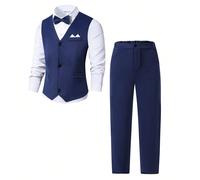 4 pièces Ensemble costume bleu marine pour adolescents garçons : chemise à manches longues + nœud papillon + gilet + pantalon. Tenue de cérémonie décontractée convenant pour récital de piano/violon, r