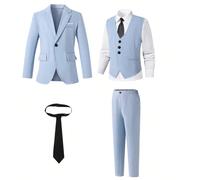 4 pièces Ensemble costume bleu pour garçons : Veste à manches longues + Gilet + Cravate + Pantalon, Tenue de cérémonie décontractée pour récital de piano/violon, remise de diplôme, mariage, anniversai