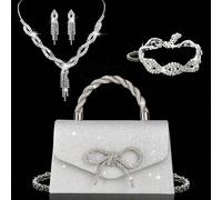 4 pièces Ensemble de bijoux de luxe étincelant pour femmes, sac à main de soirée avec décoration de nœud en strass, ensemble cadeau de mariage, convient pour la fête, le mariage, le bal, le gala Taill