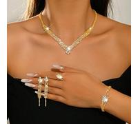 4 pièces Ensemble de bijoux de luxe pour femmes avec strass, collier, boucles d'oreilles, bracelet et bague en ton or et argent. Cadeau élégant pour gala, mariage, fête Taille UniqueCuivre