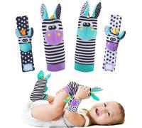 4 pièces Ensemble de chaussettes hochets pour poignets de bébé - Chaussettes hochets pour poignets et pieds nouveaux-nés 0-6 mois 3-12M,Ensemble de 4 piècesCartoon,Géométrique,RayéPolyester