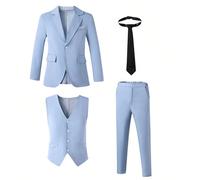 4 pièces Ensemble de costume bleu pour adolescent : Veste à manches longues + Gilet + Cravate + Pantalon, Style décontracté minimaliste pour un port quotidien, Convient pour un récital de piano/violon