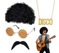 4 Pièces Ensemble de Costume Hippie, Déguisement Hippie avec Perruque Afro Rétro, Lunettes de Soleil, Fausse Moustache et Collier Disco, Funny Costume Accessoires pour Soirée Années 70, Cosplay