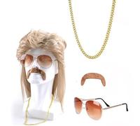 4 Pièces Ensemble de Costume Hippie, Ensemble de Costume Hippie, Perruque Disco, Longue Perruque Blonde, Deguisement Annee 80/90 Homme, Hippie Perruque Set, Accessoires Hippie, Style Rock 80s