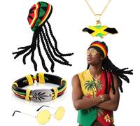 4 Pièces Ensemble de déguisement Rasta, Reggae Jamaïcaine Accessoires Set avec Dreadlocks Bonnet Lunettes Bracelet Tressé Collier avec Pendentif Drapeau pour Femme Homme Halloween Carnaval Cosplay