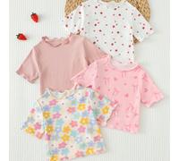4 pièces Ensemble de hauts à manches courtes avec col rond, volants à l'ourlet, imprimé floral doux en tricot pour bébé fille 6-9M,9-12M,12-18M,18-24M,2-3Y,3-6MGéométrique,Fruits & légumes,PlantesÉtof