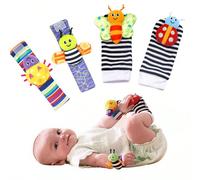4 pièces Ensemble de hochets et chaussettes pour poignets de bébé, design mignon d'insecte, cadeau de naissance Taille UniqueAnimal,Géométrique,RayéPolyester