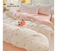 4 pièces Ensemble de literie floral, Housse de couette imprimée avec motif tulipe rose et fermeture éclair, Drap plat de couleur unie, Convient pour toutes les saisons, Doux et respirant, Style fémini