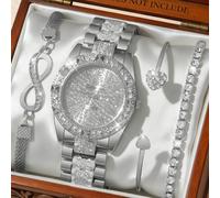 4 pièces Ensemble de montres à quartz de luxe pour femmes, comprenant 1 montre à quartz avec cadran en métal serti de strass argent, bracelet avec symbole infini serti de strass, bracelet ouvert en fo