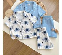 4 pièces Ensemble de pyjama confortable pour bébé garçon avec imprimé mignon d'éléphant, couleur unie minimaliste, col polo boutonné, manches courtes, shorts 6-9M,9-12M,12-18M,18-24M,2-3YAnimalTissu t