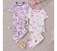 4 pièces Ensemble de pyjama court à manches courtes pour filles avec imprimé cœur mignon et doux en forme de beignet, coupe ajustée 8Y,9Y,10Y,11Y,12YPlantesTissu tricoté