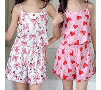 4 pièces Ensemble de pyjama pour préadolescentes, avec camisole imprimée de nœuds et cœurs d'été mignons, short en tricot, confortable et ignifugé 8Y,9Y,10Y,11Y,12YAnimal,Géométrique,Fruits & légumesT