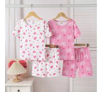 4 pièces Ensemble de pyjama short à manches courtes en tricot élastique pour filles avec nœud et décoration en forme de cœur, doux et confortable, excellent cadeau pour les adolescentes 8Y,9Y,10Y,11Y,
