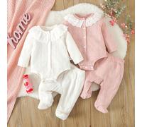 4 Pièces /ensemble Ensemble De Vêtements Pour Bébé Fille Combinaison combishort Couleur Unie Simple (blanc, Rose) Comprenant Une Grenouillère À Manches Longues Et Un Pantalon, Adapté Pour Porter À La 