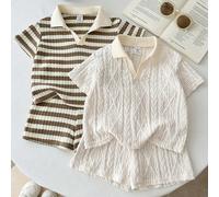4 pièces Ensemble polo rayé abricot mignon d'été pour bébé garçon et short à taille élastique, convient pour l'anniversaire, la soirée, la représentation, le mariage, la célébration du premier mois, l